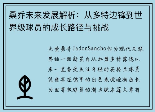 桑乔未来发展解析：从多特边锋到世界级球员的成长路径与挑战